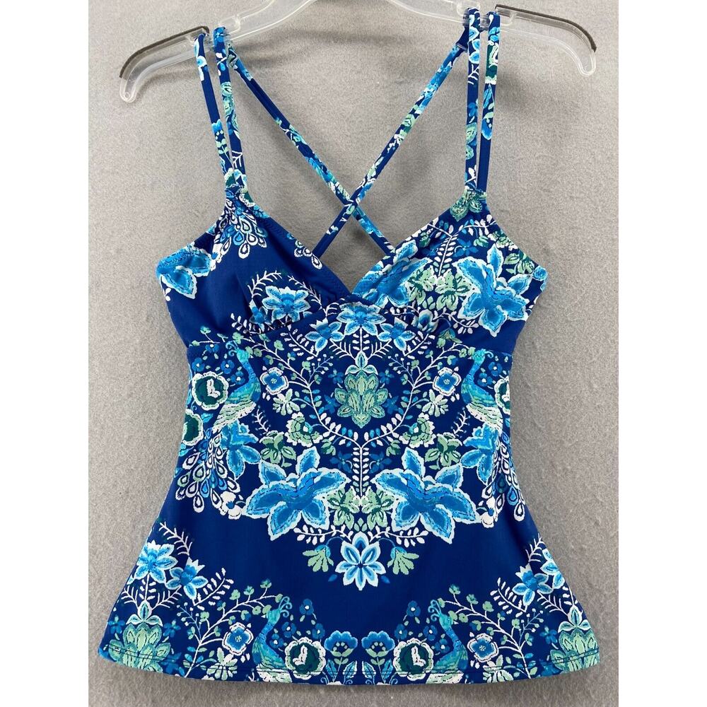 Garnet Hill Swim Top Womens Sz 4 Floral Tankini Halter Straps Padded Lined